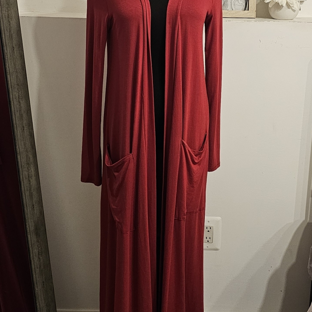 Red Long Duster Jacket with Open Front Design